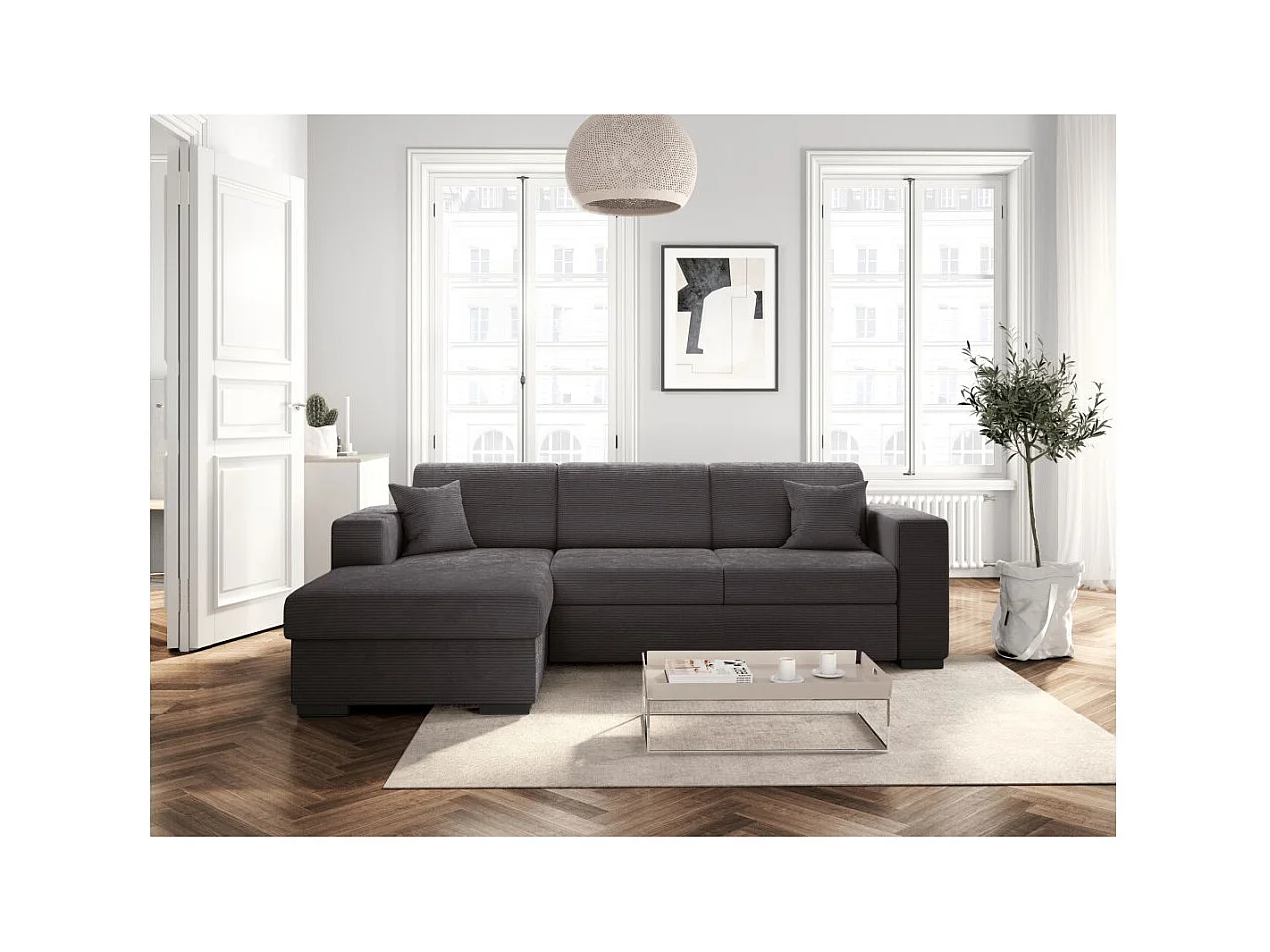 Canapé d'angle gauche 4 places Fuji XL convertible avec coffre en velours côtelé - Gris anthracite - L262 x P157 x H83cm - Loungitude