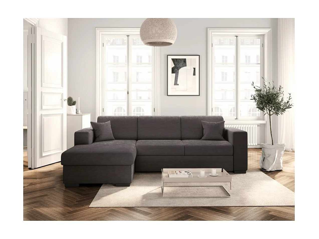 Canapé d'angle gauche 4 places Fuji XL convertible avec coffre en velours côtelé - Gris anthracite - L262 x P157 x H83cm - Loungitude