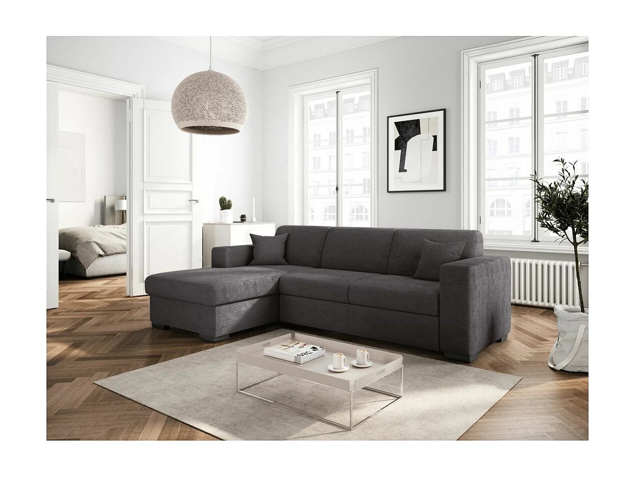 Canapé d'angle gauche 4 places Fuji XL convertible avec coffre en velours côtelé - Gris anthracite - L262 x P157 x H83cm - Loungitude