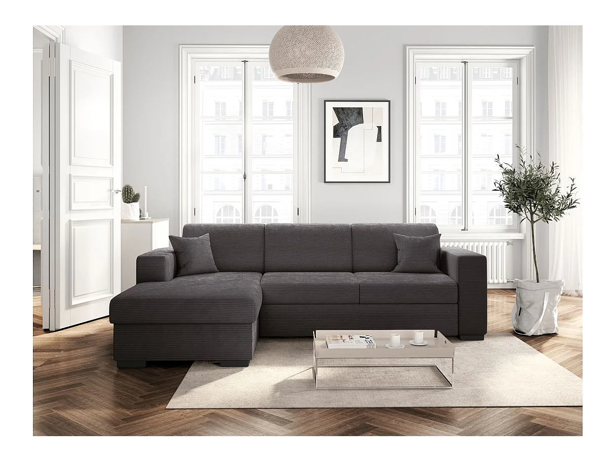 Canapé d'angle gauche 4 places Fuji XL convertible avec coffre en velours côtelé - Gris anthracite - L262 x P157 x H83cm - Loungitude