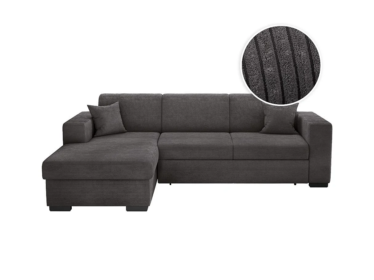 Canapé d'angle gauche 4 places Fuji XL convertible avec coffre en velours côtelé - Gris anthracite - L262 x P157 x H83cm - Loungitude