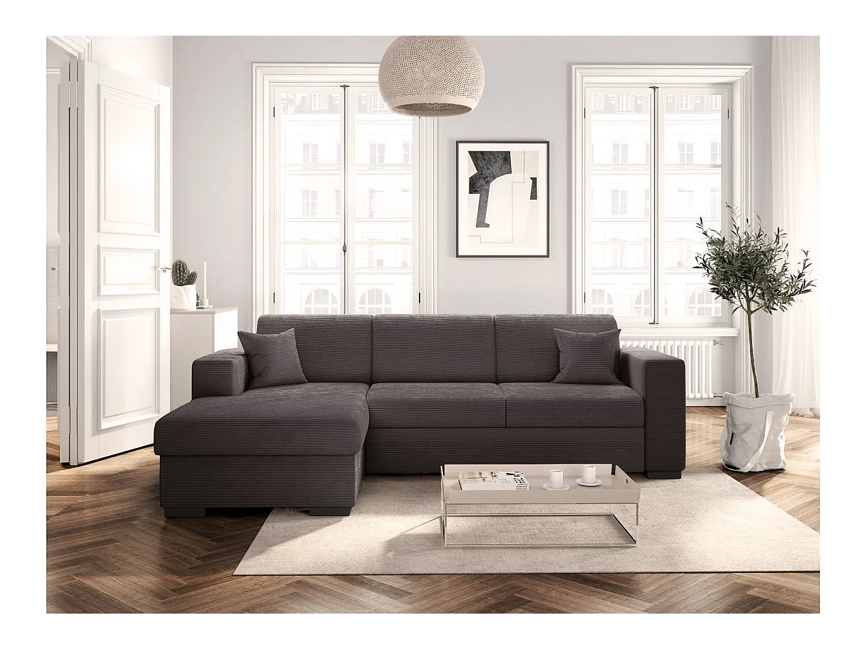 Canapé d'angle gauche 4 places Fuji XL convertible avec coffre en velours côtelé - Gris anthracite - L262 x P157 x H83cm - Loungitude