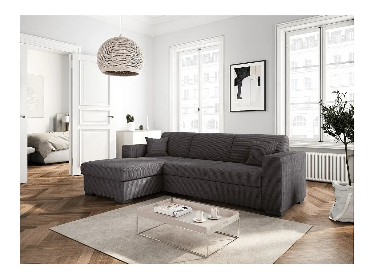 Canapé d'angle gauche 4 places Fuji XL convertible avec coffre en velours côtelé - Gris anthracite - L262 x P157 x H83cm - Loungitude
