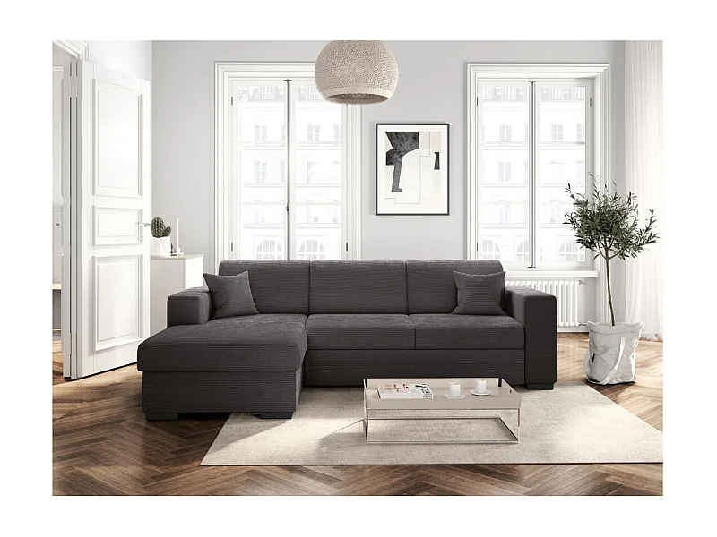 Canapé d'angle gauche 4 places Fuji XL convertible avec coffre en velours côtelé - Gris anthracite - L262 x P157 x H83cm - Loungitude