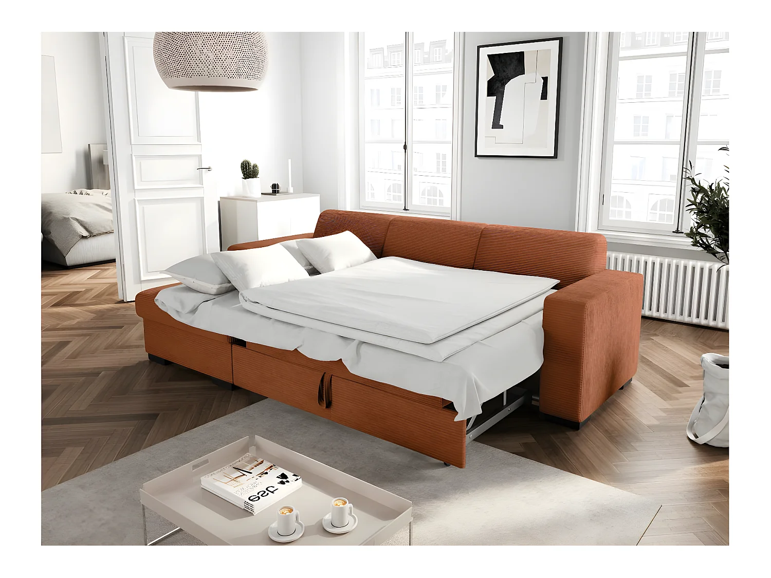 Canapé d'angle gauche 4 places Fuji XL convertible avec coffre en velours côtelé - Terracotta - L262 x P157 x H83cm - Loungitude