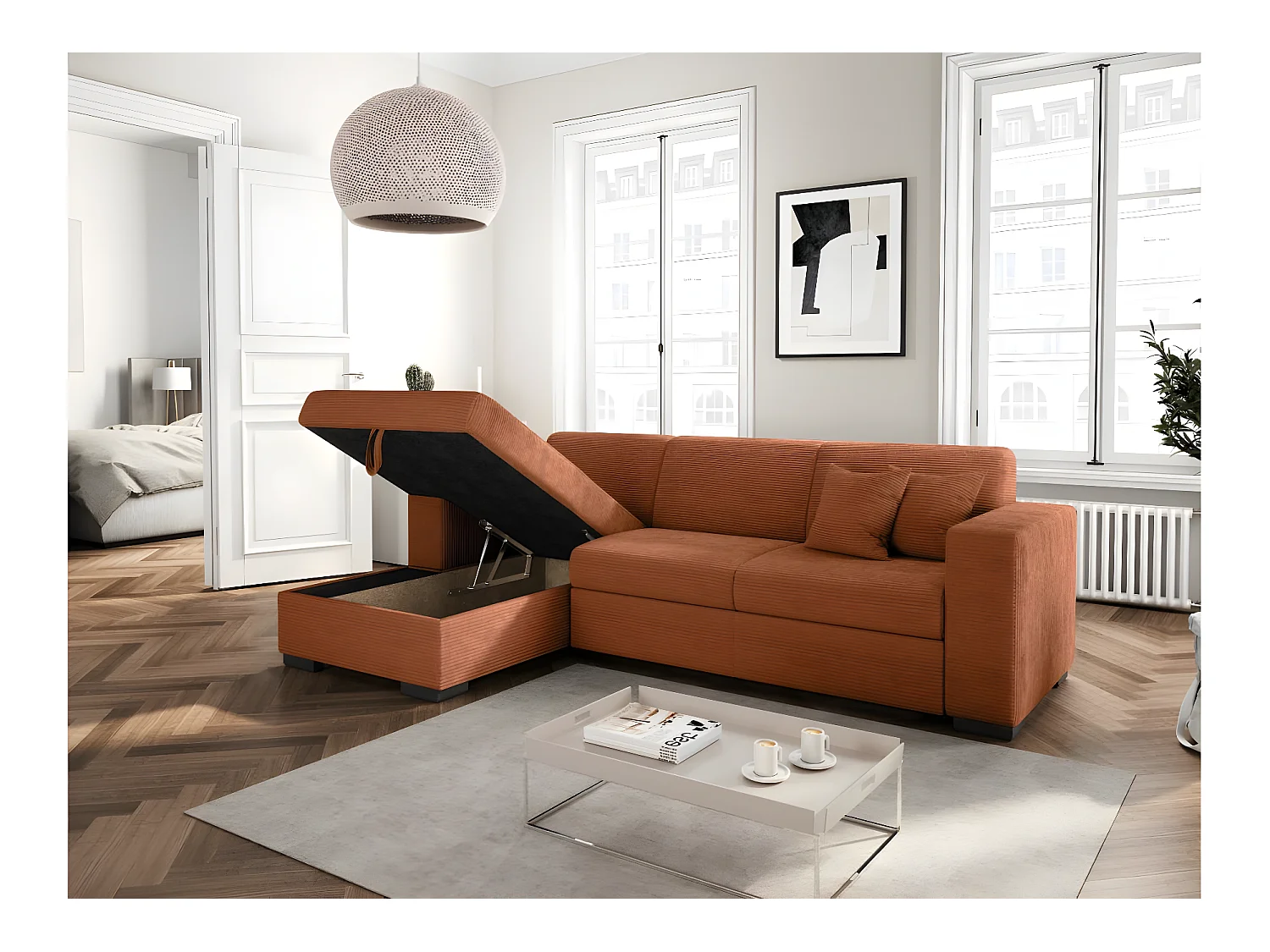 Canapé d'angle gauche 4 places Fuji XL convertible avec coffre en velours côtelé - Terracotta - L262 x P157 x H83cm - Loungitude