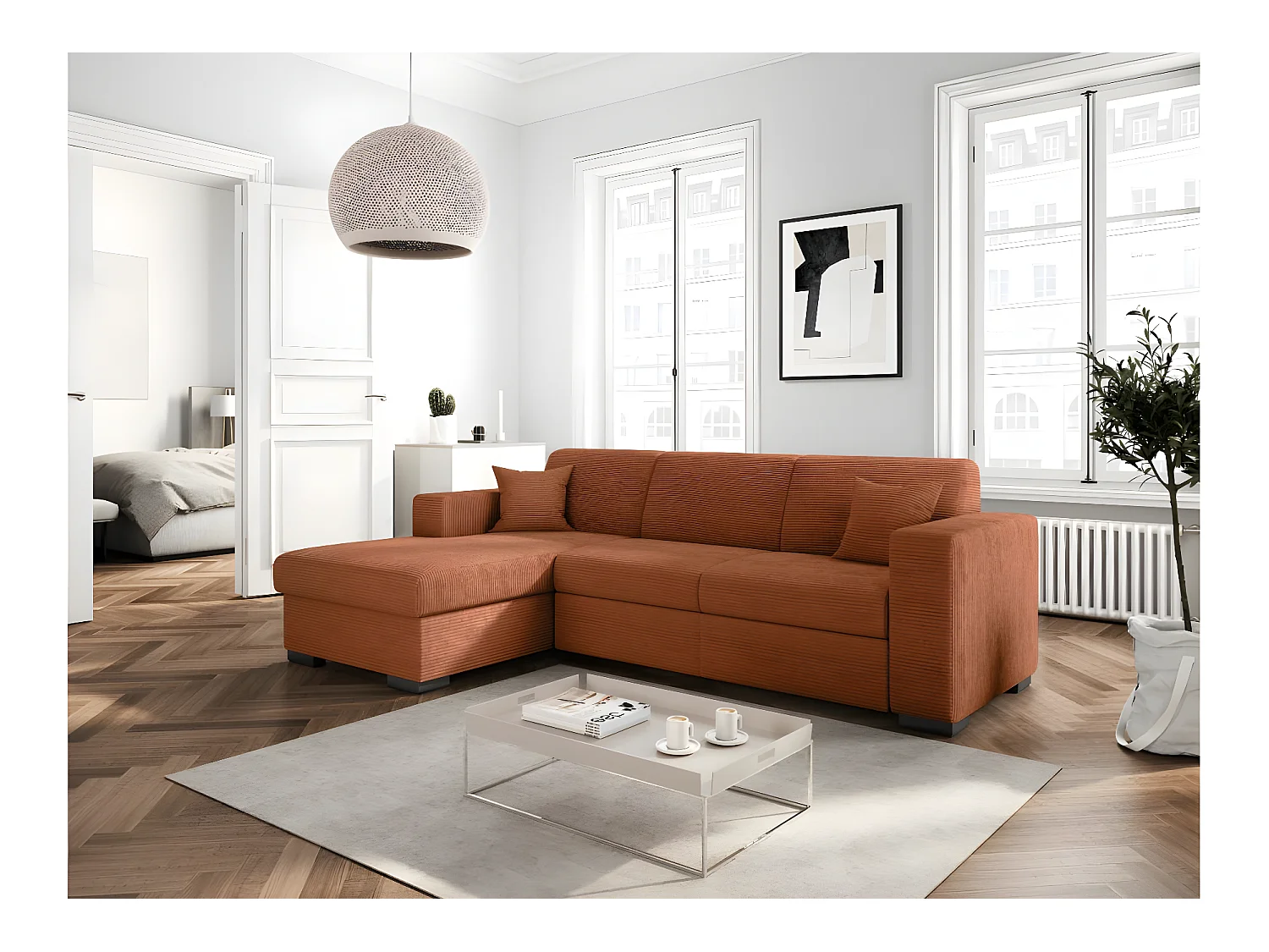 Canapé d'angle gauche 4 places Fuji XL convertible avec coffre en velours côtelé - Terracotta - L262 x P157 x H83cm - Loungitude