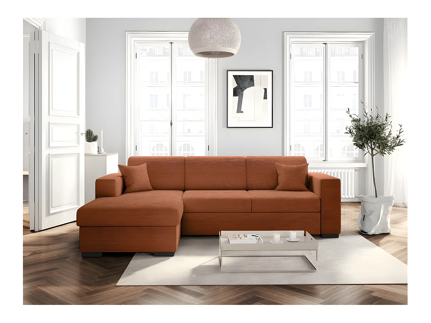 Canapé d'angle gauche 4 places Fuji XL convertible avec coffre en velours côtelé - Terracotta - L262 x P157 x H83cm - Loungitude