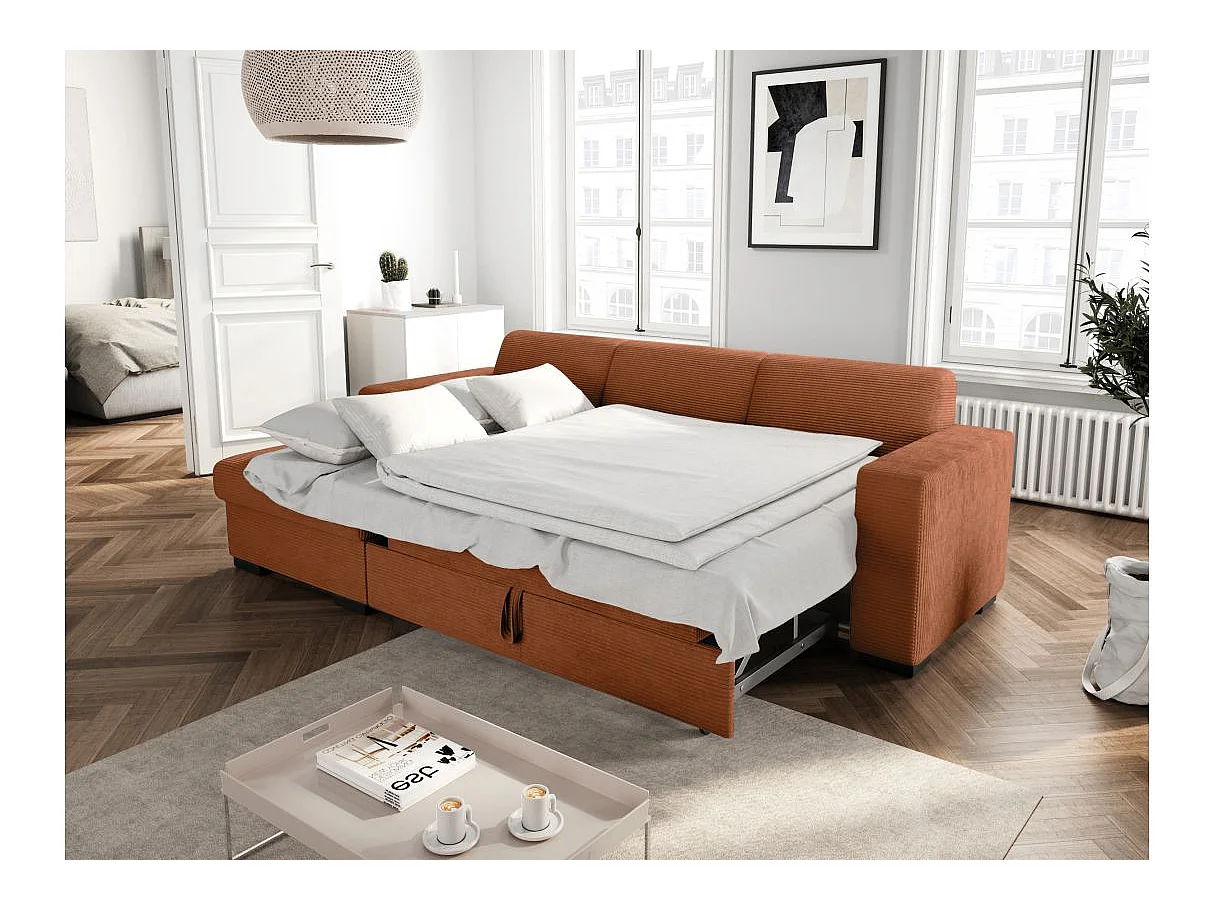 Canapé d'angle convertible 4 places en velours côtelé terracotta