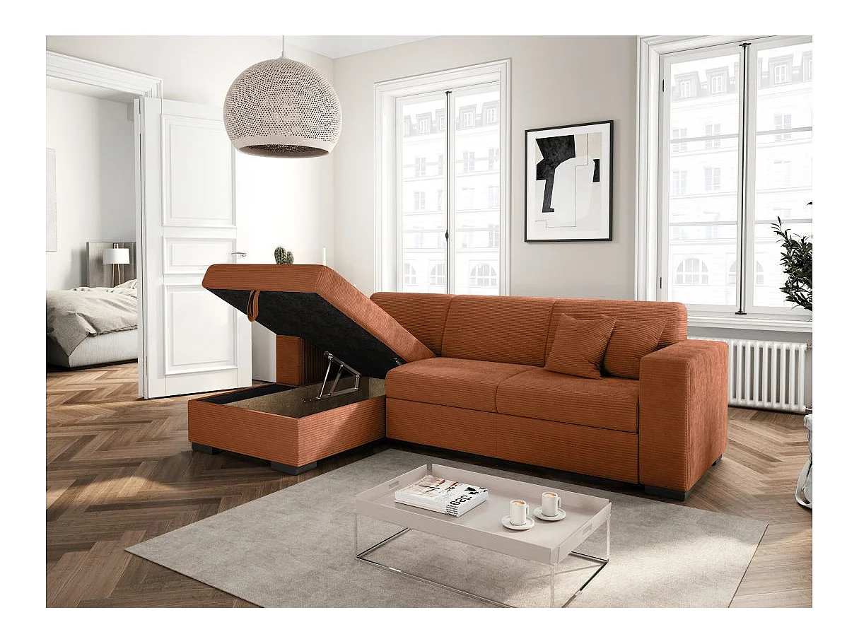 Canapé d'angle convertible 4 places en velours côtelé terracotta