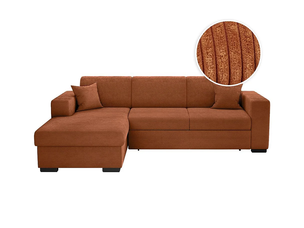 Canapé d'angle convertible 4 places en velours côtelé terracotta