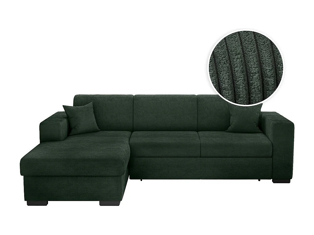 Canapé d'angle gauche 4 places Fuji XL convertible avec coffre en velours côtelé - Vert foncé - L262 x P157 x H83cm - Loungitude
