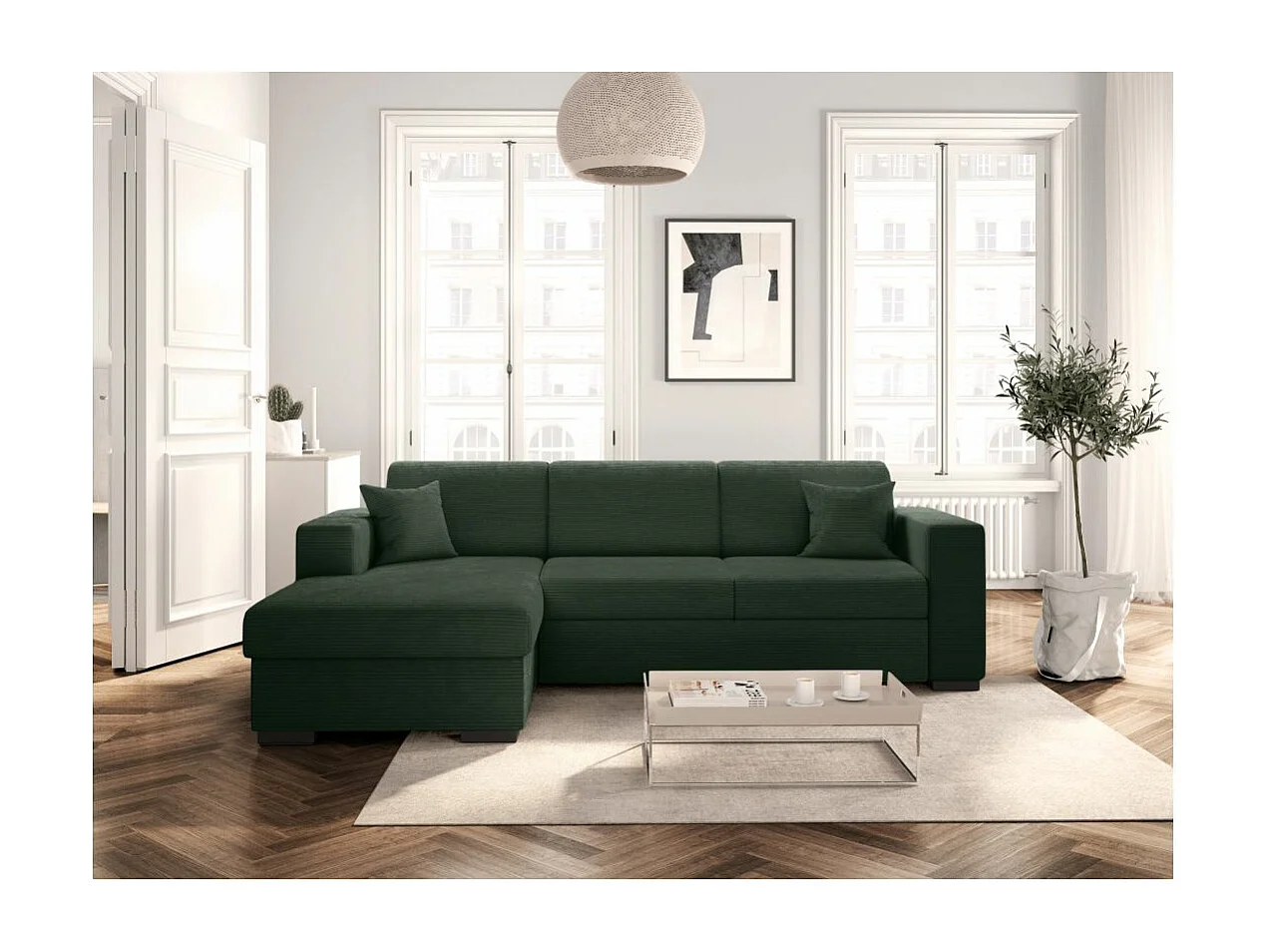 Canapé d'angle gauche 4 places Fuji XL convertible avec coffre en velours côtelé - Vert foncé - L262 x P157 x H83cm - Loungitude