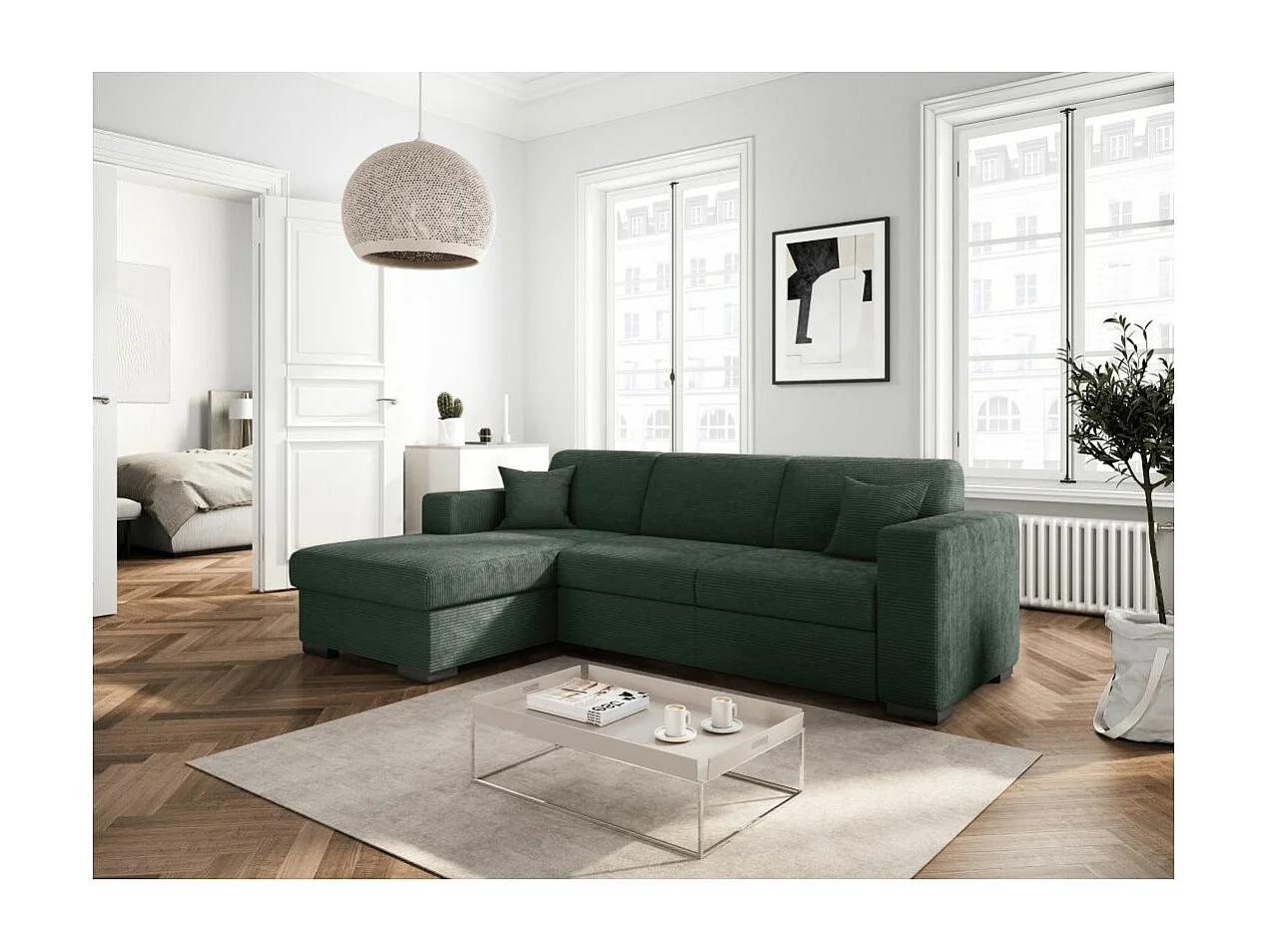 Canapé d'angle gauche 4 places Fuji XL convertible avec coffre en velours côtelé - Vert foncé - L262 x P157 x H83cm - Loungitude