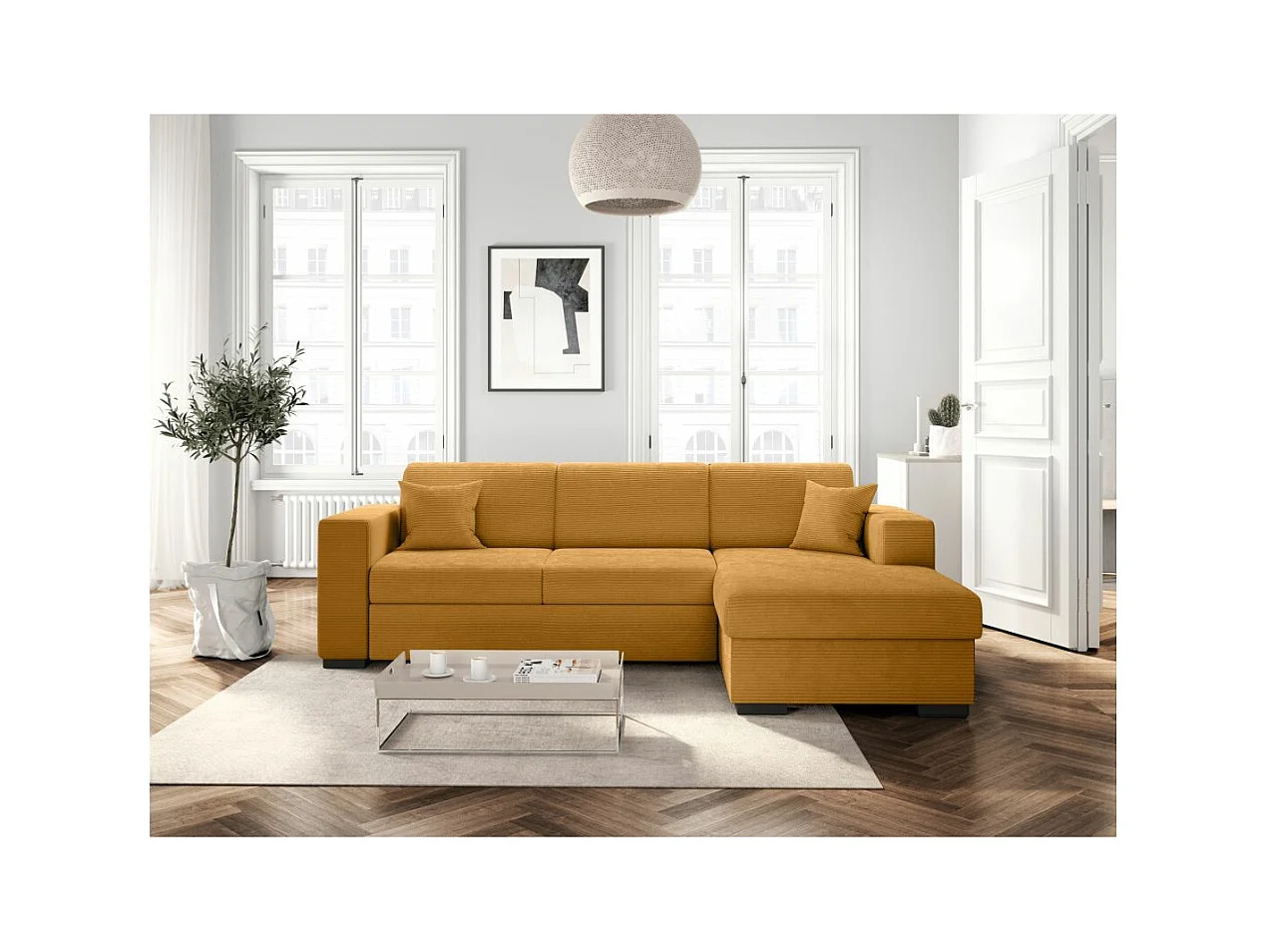 Canapé d'angle droit 4 places Fuji XL convertible avec coffre en velours côtelé - Jaune - L262 x P157 x H83cm - Loungitude