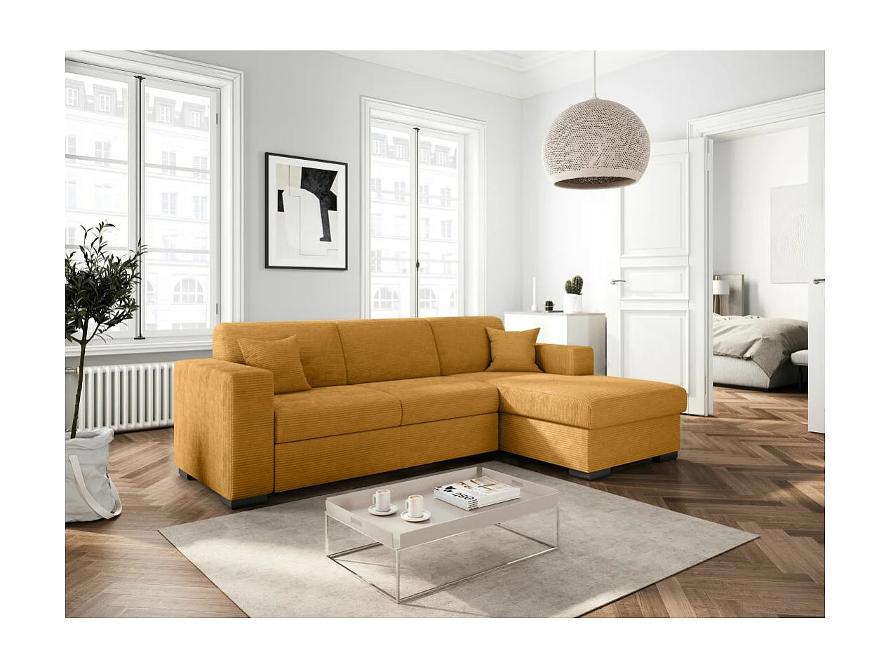 Canapé d'angle droit 4 places Fuji XL convertible avec coffre en velours côtelé - Jaune - L262 x P157 x H83cm - Loungitude