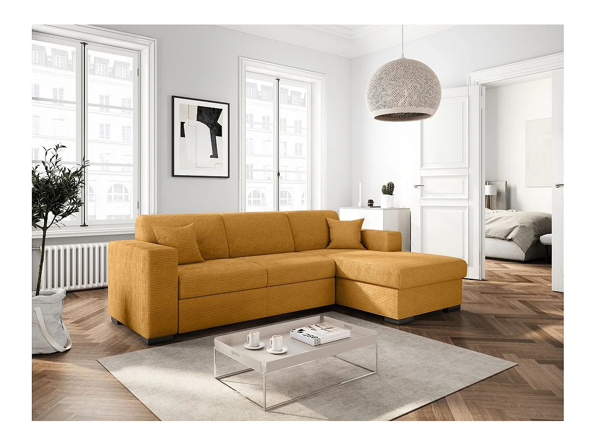 Canapé d'angle convertible 4 places avec coffre en velours jaune