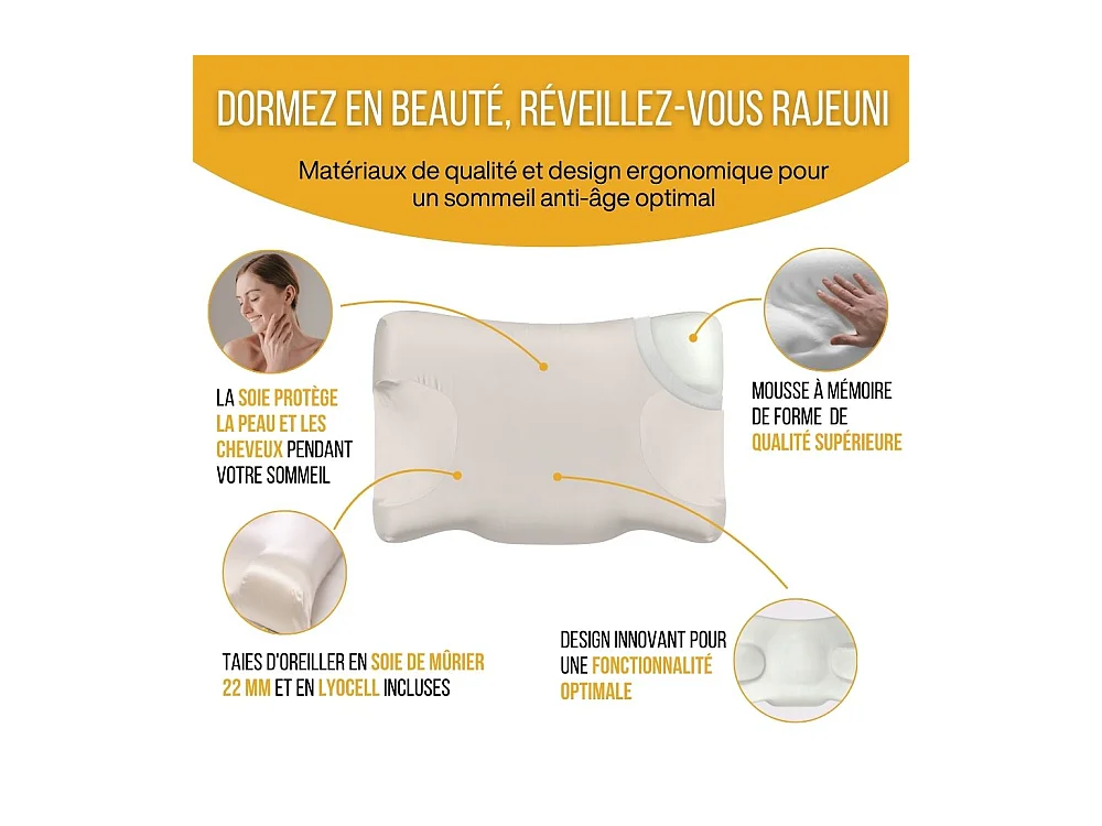 Oreiller Anti-Âge Anti-Rides en 100% Soie SOIE DE BEAUTE 58x37x11 - INPHYSIO