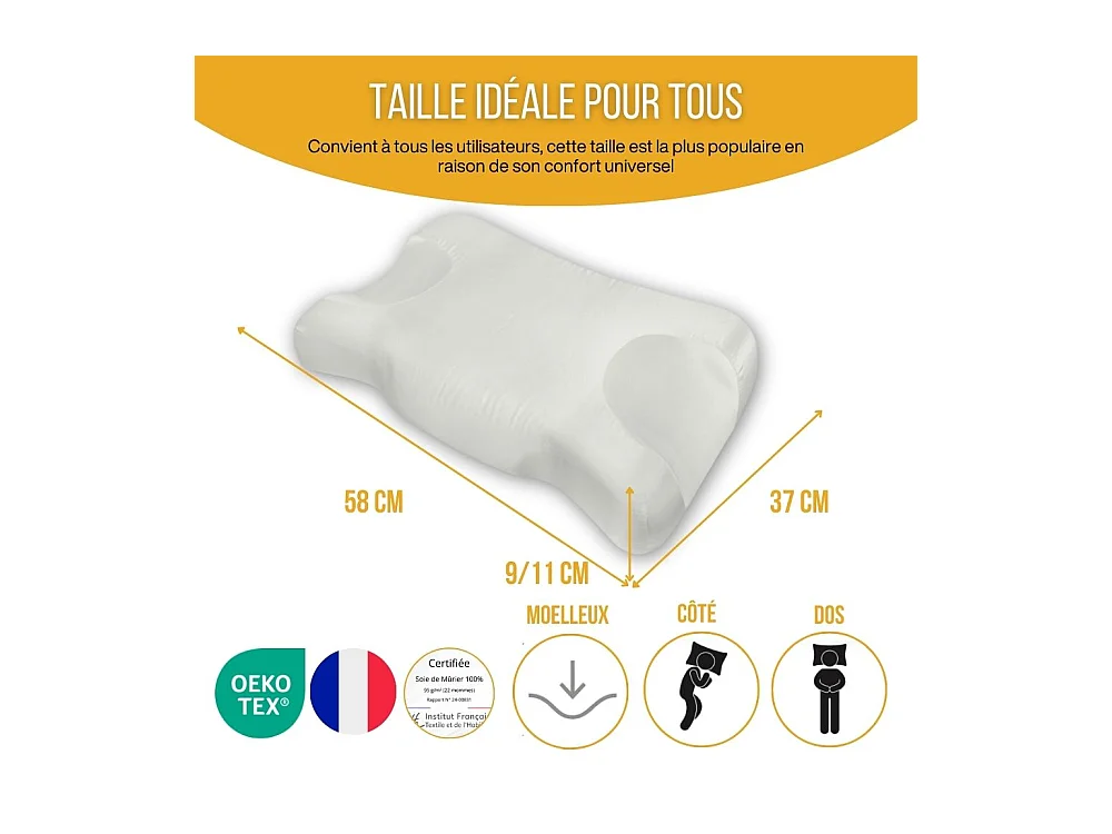 Oreiller Anti-Âge Anti-Rides en 100% Soie SOIE DE BEAUTE 58x37x11 - INPHYSIO