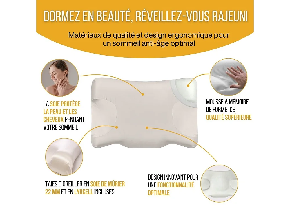 Oreiller Anti-Âge Anti-Rides en 100% Soie SOIE DE BEAUTE 58x37x11 - INPHYSIO
