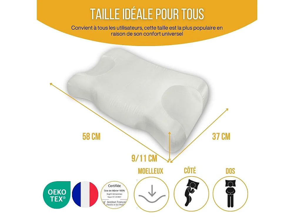 Oreiller Anti-Âge Anti-Rides en 100% Soie SOIE DE BEAUTE 58x37x11 - INPHYSIO