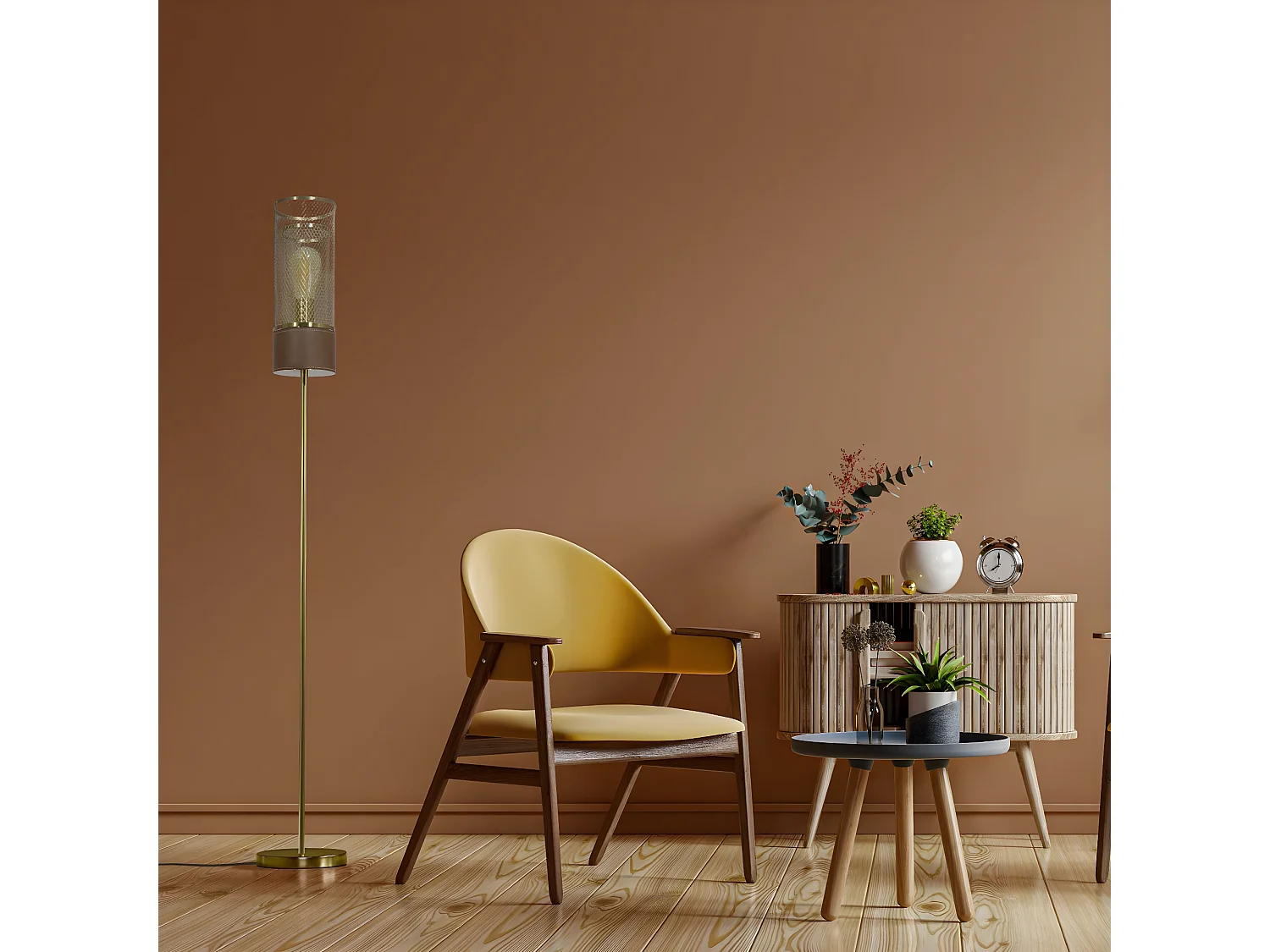 C-Création - Lampadaire en métal doré et simili cuir marron - ACUERO