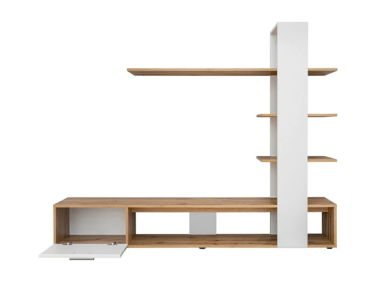 Meuble TV avec bibliothèque et étagères intégrées collection CLEO. Coloris blanc et chêne