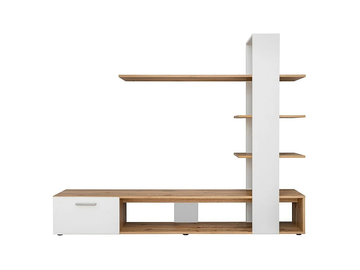 Meuble TV avec bibliothèque et étagères intégrées collection CLEO. Coloris blanc et chêne