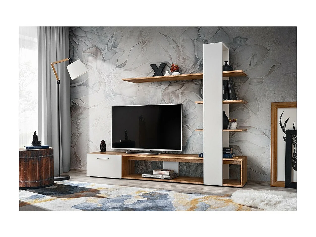Meuble TV avec bibliothèque et étagères intégrées collection CLEO. Coloris blanc et chêne