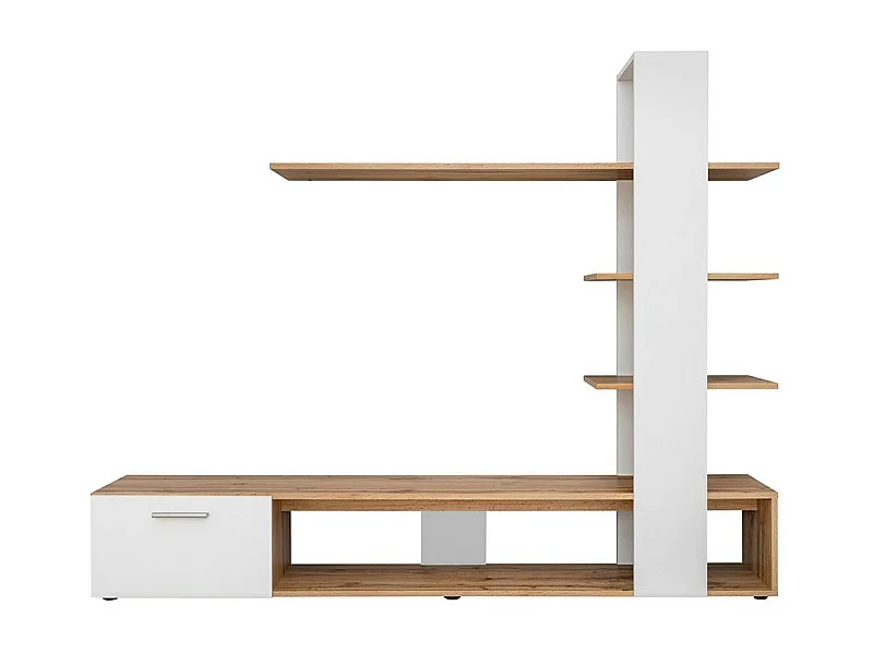 Tv-meubel met ingebouwde boekenkast en planken, collectie CLEO. Kleuren wit en eiken.