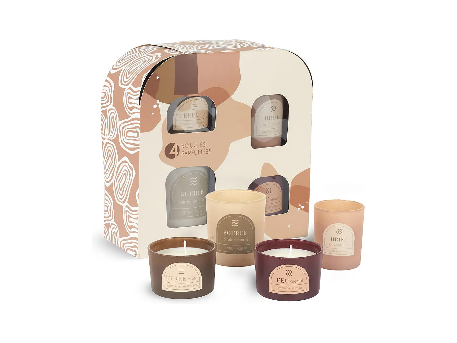 Coffret de 4 bougies parfumées figue pivoine brume des bois et bois épicé collection ELEMENT marron