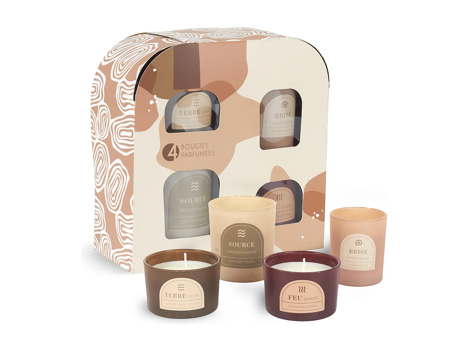 Coffret de 4 bougies parfumées figue pivoine brume des bois et bois épicé collection ELEMENT marron