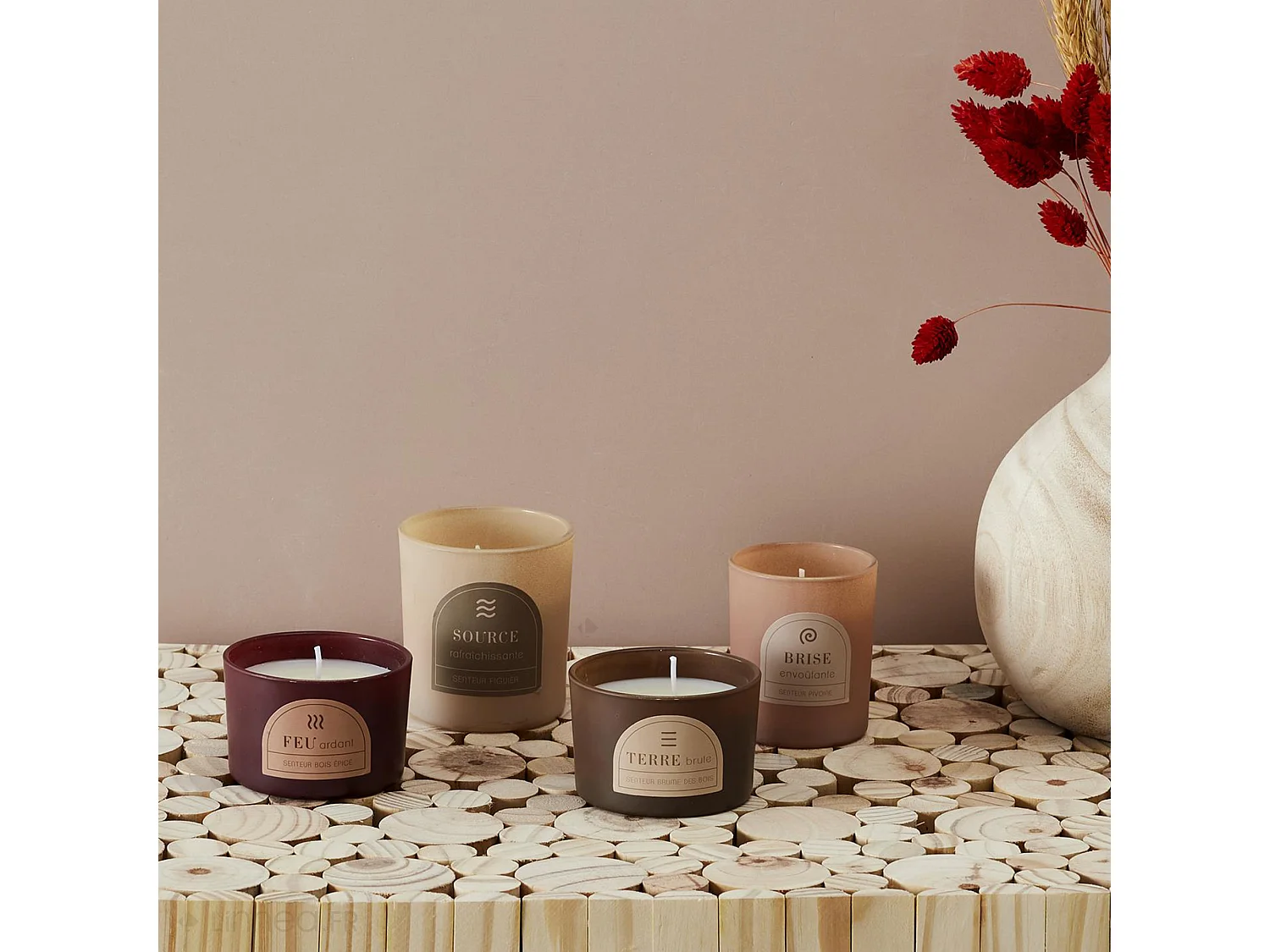 Coffret de 4 bougies parfumées figue pivoine brume des bois et bois épicé collection ELEMENT marron