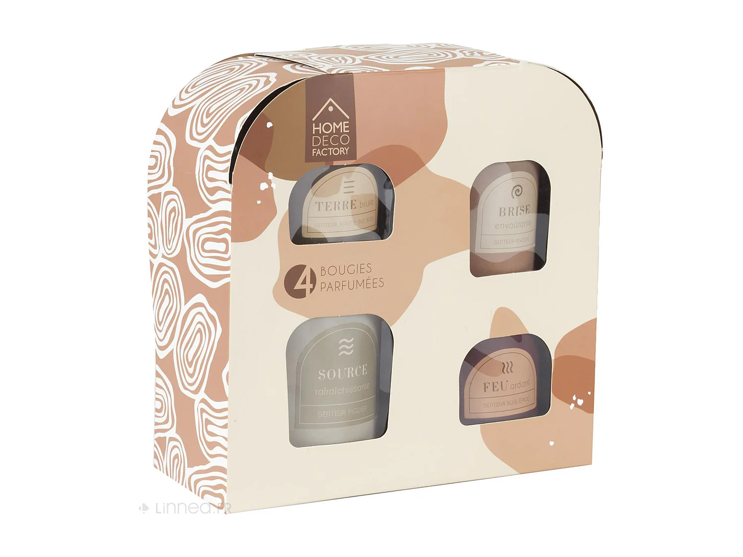 Coffret de 4 bougies parfumées figue pivoine brume des bois et bois épicé collection ELEMENT marron