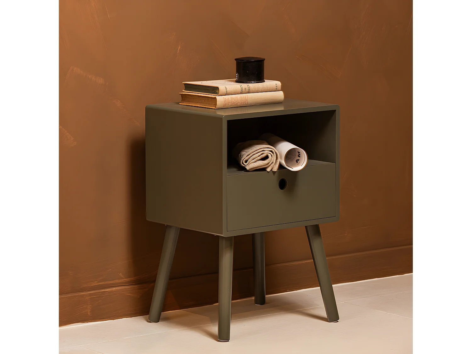 Ozzy - Table de chevet 1 tiroir, 1 niche en bois  - Vert kaki