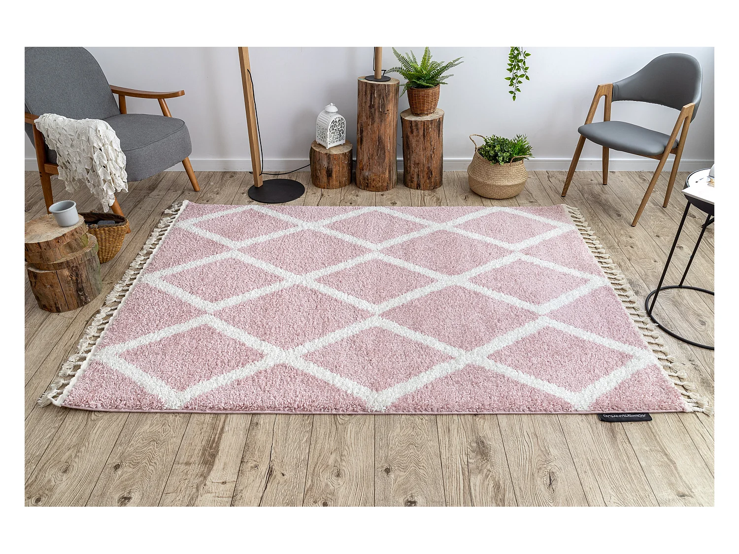 Tapis BERBER TROIK A0010 rose et blanc Franges berbère marocain shagg 140x190 cm