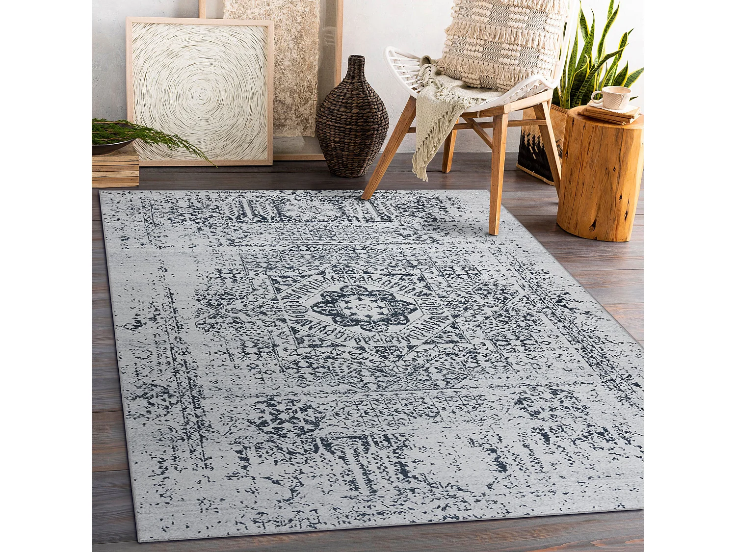 ANDRE 1072 tapijt wasbaar Rozet, vintage antislip - witrand / zwart 80x150 cm