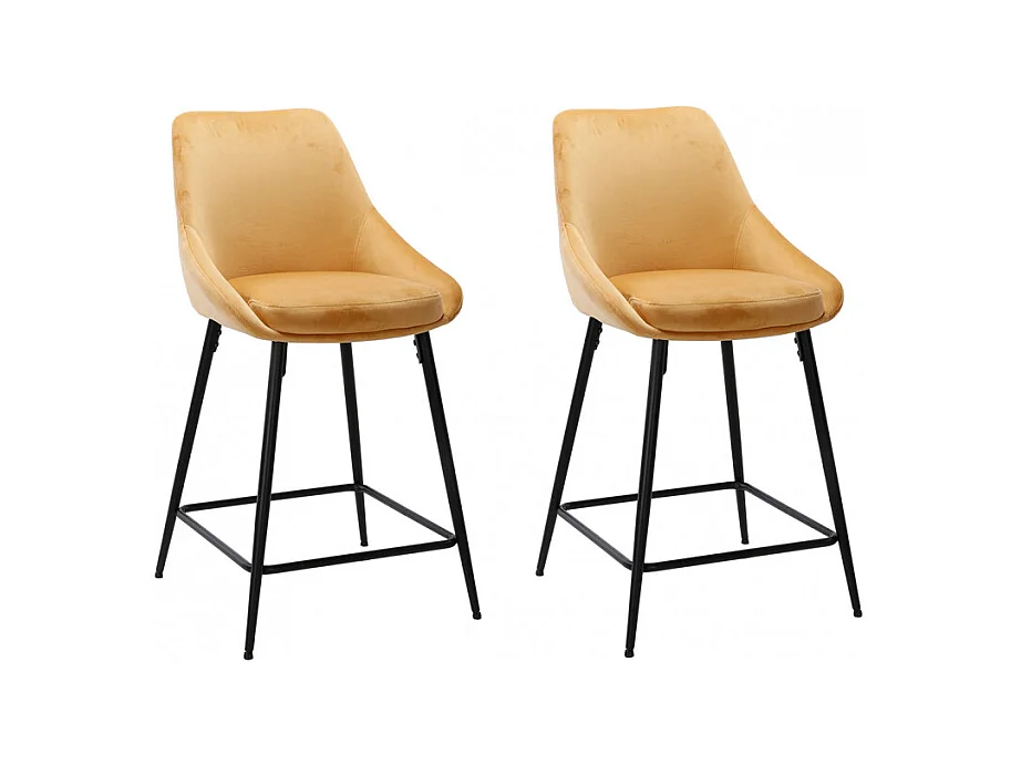 Lot 2 tabourets de bar en velours jaune et piètement métal - JAZZY