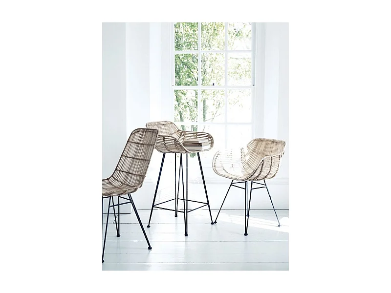 Lot de 2 tabourets de bar en rotin et métal noir - GOA