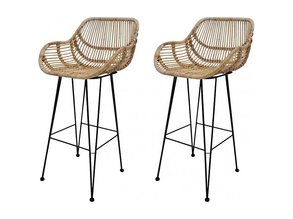 Lot de 2 tabourets de bar en rotin et métal noir - GOA
