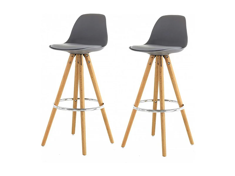 Lot 2 tabourets de bar scandinaves gris et pieds bois - DIANA