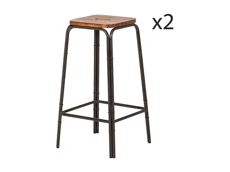 Lot de 2 tabourets de bar 70 cm bois d'acacia et métal - WORKSHOP