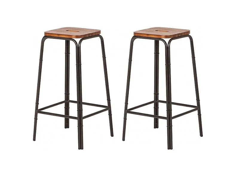 Lot de 2 tabourets de bar 70 cm bois d'acacia et métal - WORKSHOP
