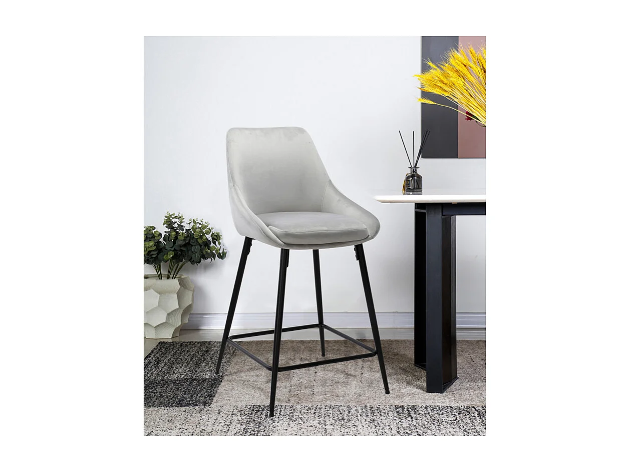 Lot de 2 tabourets de bar en velours gris et piétement métal - JAZZY