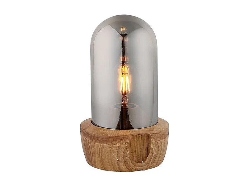 Lampe à poser 26 cm cloche en verre teinté et socle bois - GIRO