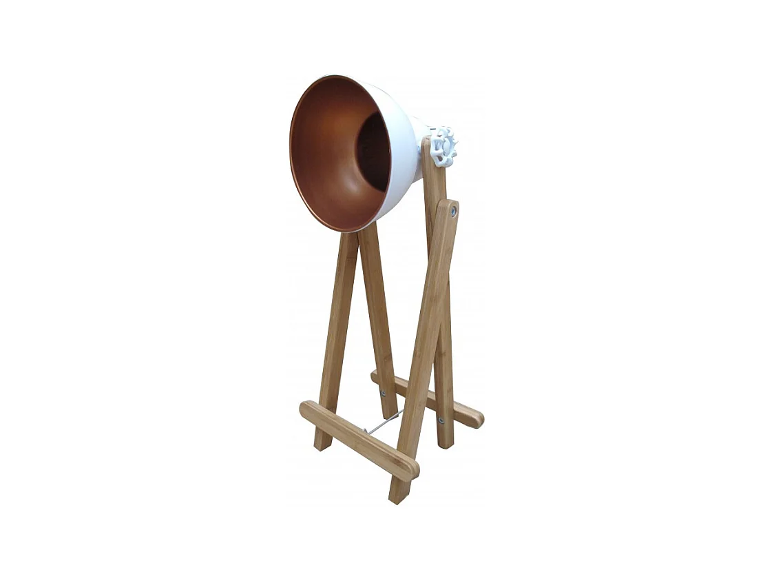 Lampe 60 cm projecteur en métal blanc et cuivré pied bois - OXI
