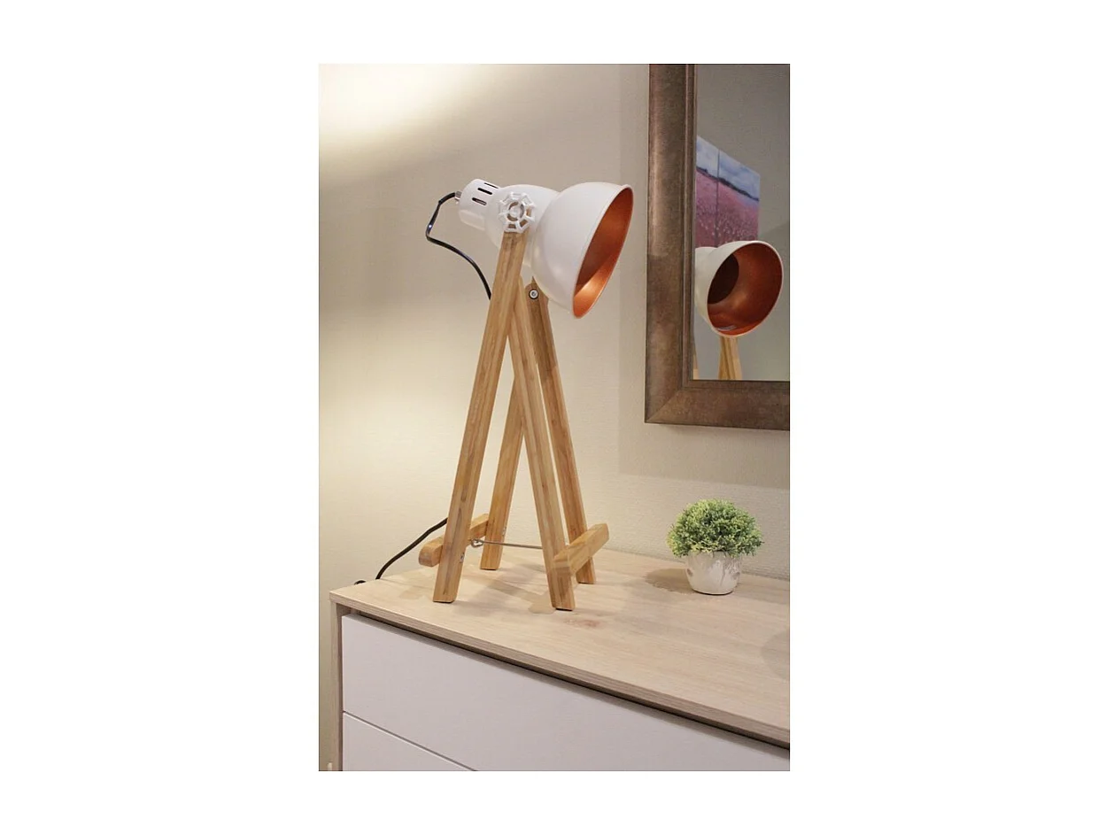 Lampe 60 cm projecteur en métal blanc et cuivré pied bois - OXI