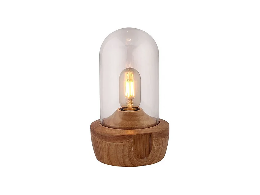 Lampe à poser 26 cm cloche en verre transparent et socle bois - GIRO