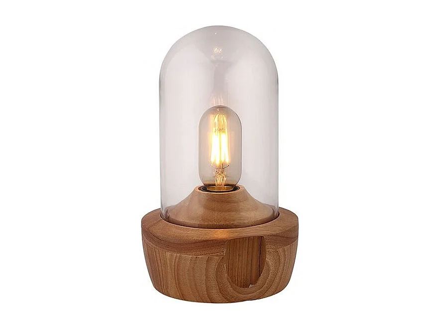 Lampe à poser 26 cm cloche en verre transparent et socle bois - GIRO
