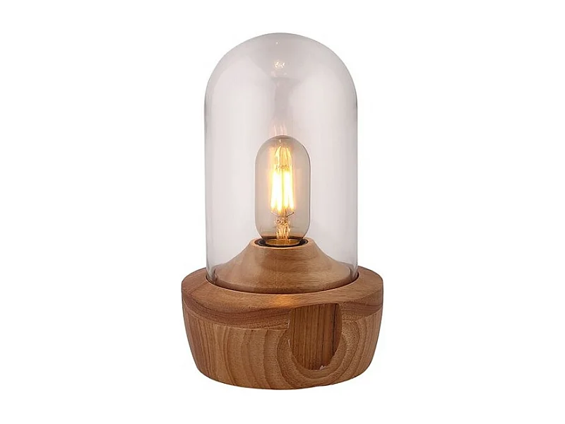 Lampe à poser 26 cm cloche en verre transparent et socle bois - GIRO